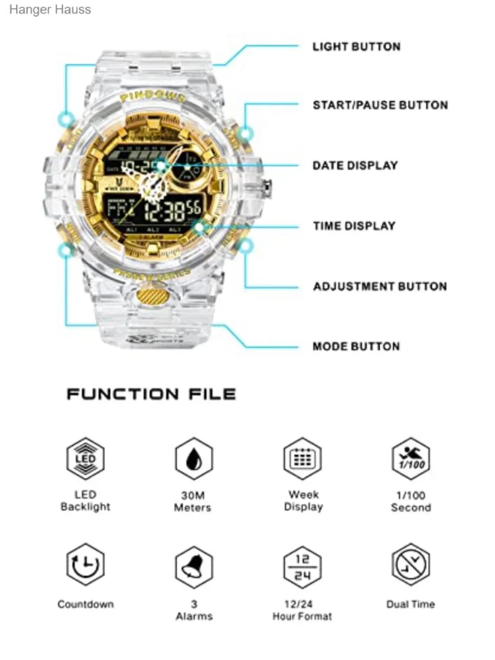 Men's Digital Analog Dual Display Sports Watch 50M Waterproof Military Wrist